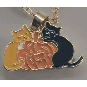 Halloween Cat & Pumkin Charm  Necklace Gold Tone Lobster Claw APPX 18"